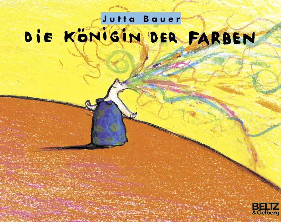 Eine Illustration. Auf orange-gelbem Hintergrund steht eine Frau im blauen Kleid. Ihre Haare sind bunte Farbstreifen und Kringel in alle Richtungen. Darüber steht: Jutta Bauer - Die Königin der Farben