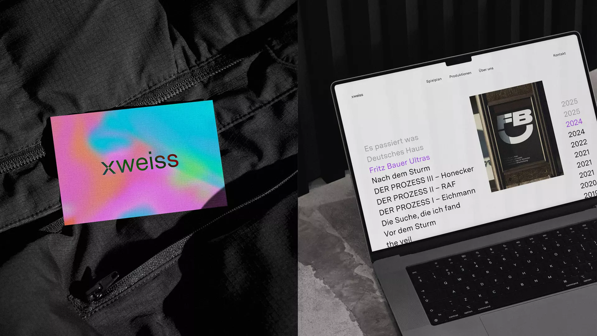 Zwei Bilder nebeneinander, links eine xweiss Visitenkarte, rechts die Website auf einem Laptop
