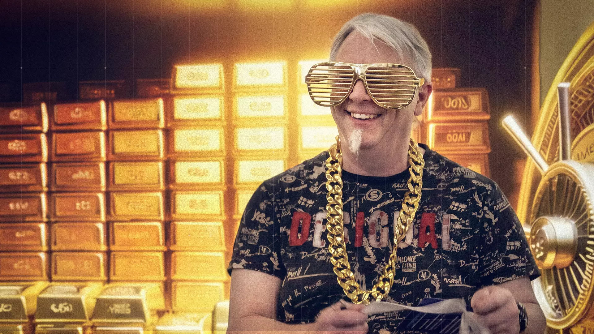 Mann mit goldener Brille, großer goldener Kette - im Hintergrund Goldbarren