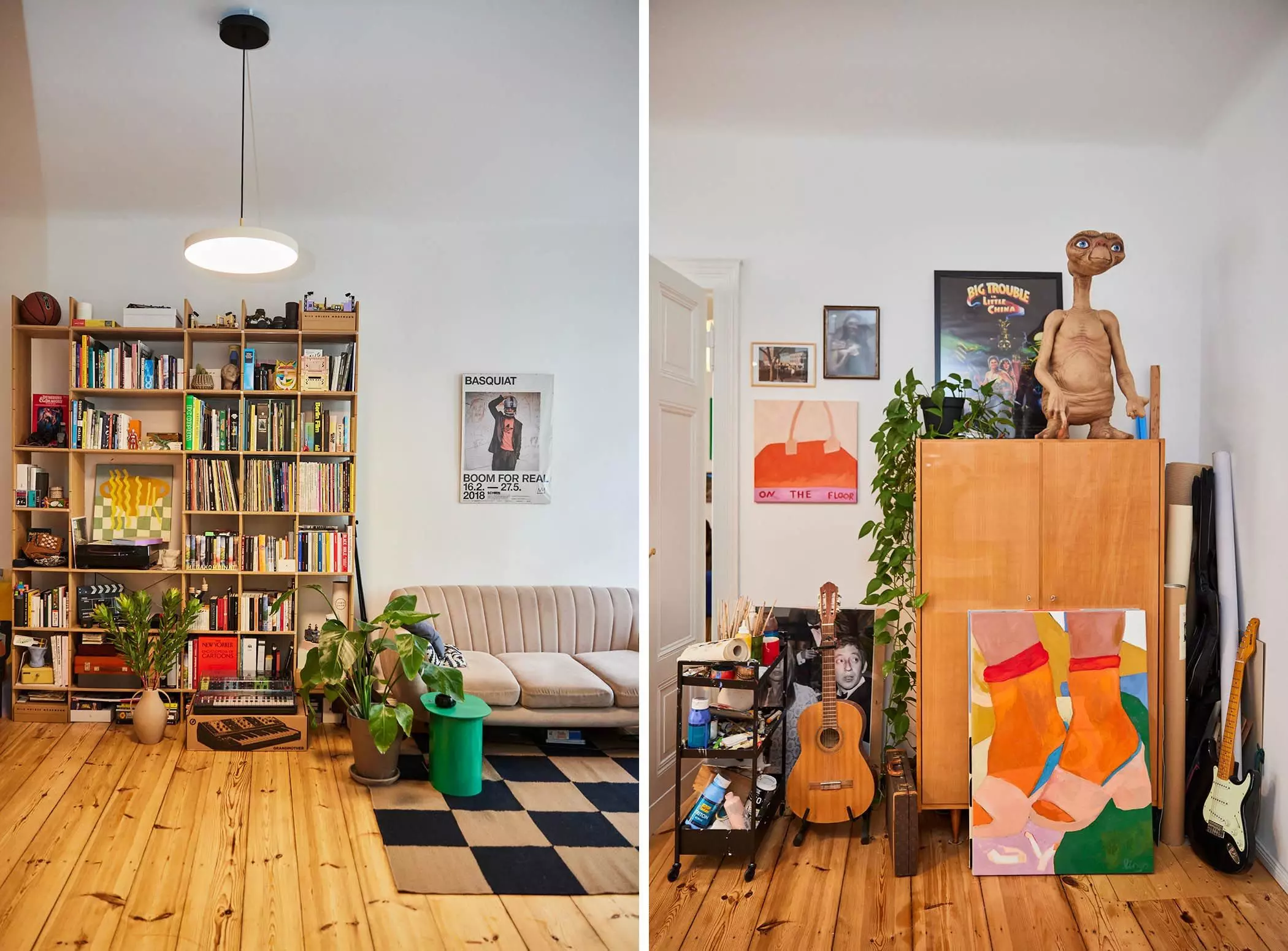 Wohnung der Künstlerin Bings mit Bücherregal, E.T.-Figur und eigenen Gemälden - femtastics