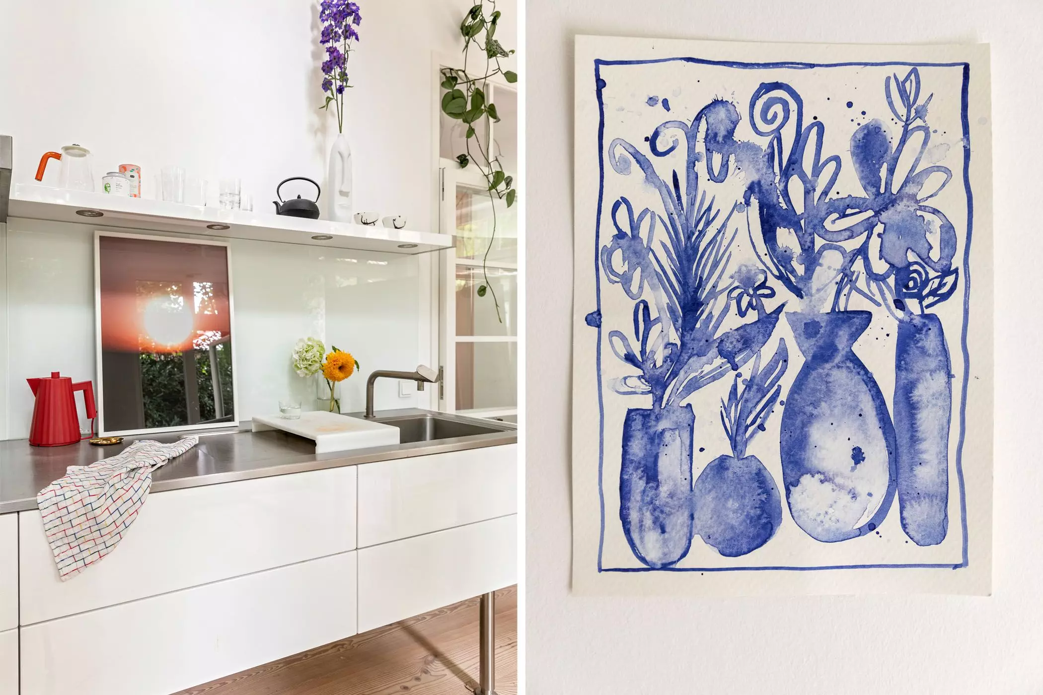 Frische Blumen und florale Kunst in weißer Küche - femtastics