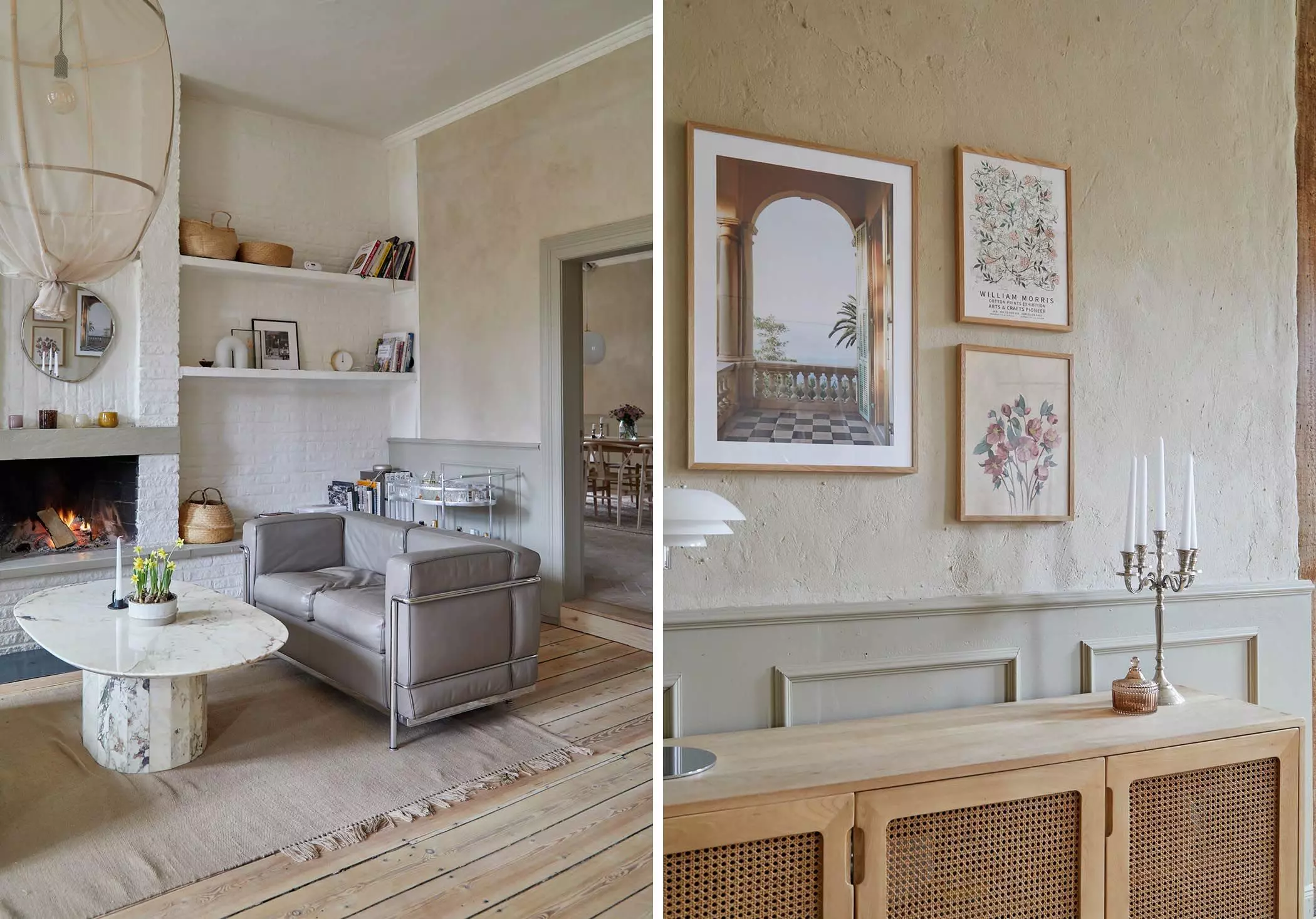 Details im Wohnzimmer, Kamin, Marmortisch, Ledersofas, Kerzenleuchter - femtastics