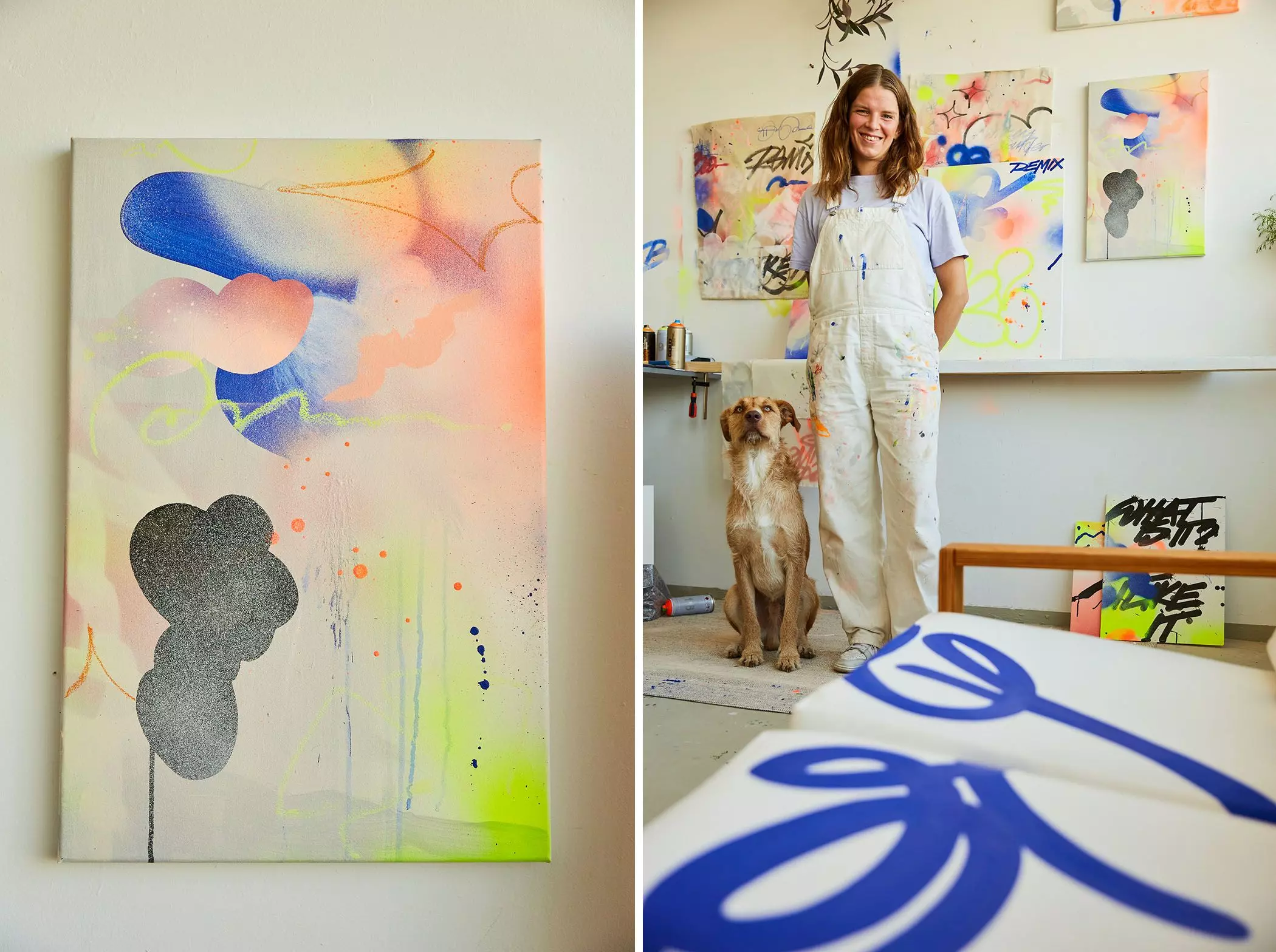Künstlerin Anna T-Iron, ihr Atelierhund und ihre Kunst im Hamburger Studio - femtastics