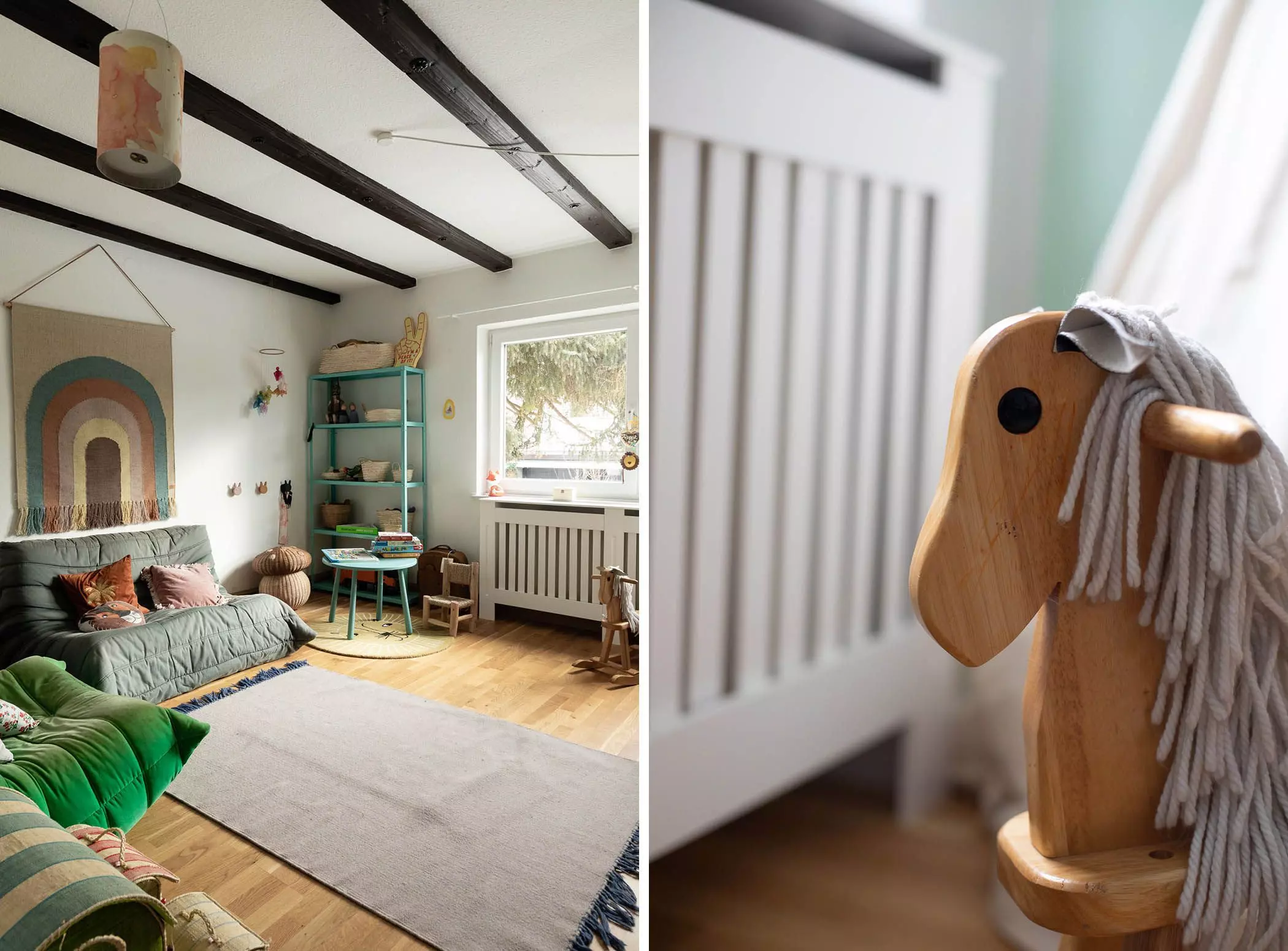 Regenbogen-Wandteppich und Schaukelpferd im Kinderzimmer - femtastics