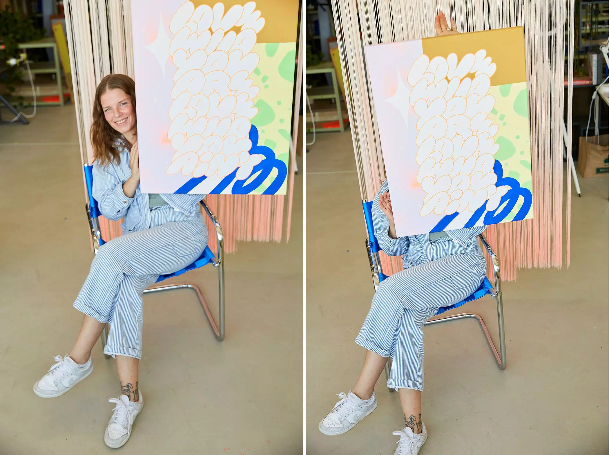 Künstlerin Anna T-Iron präsentiert eines ihrer Gemälde - femtastics