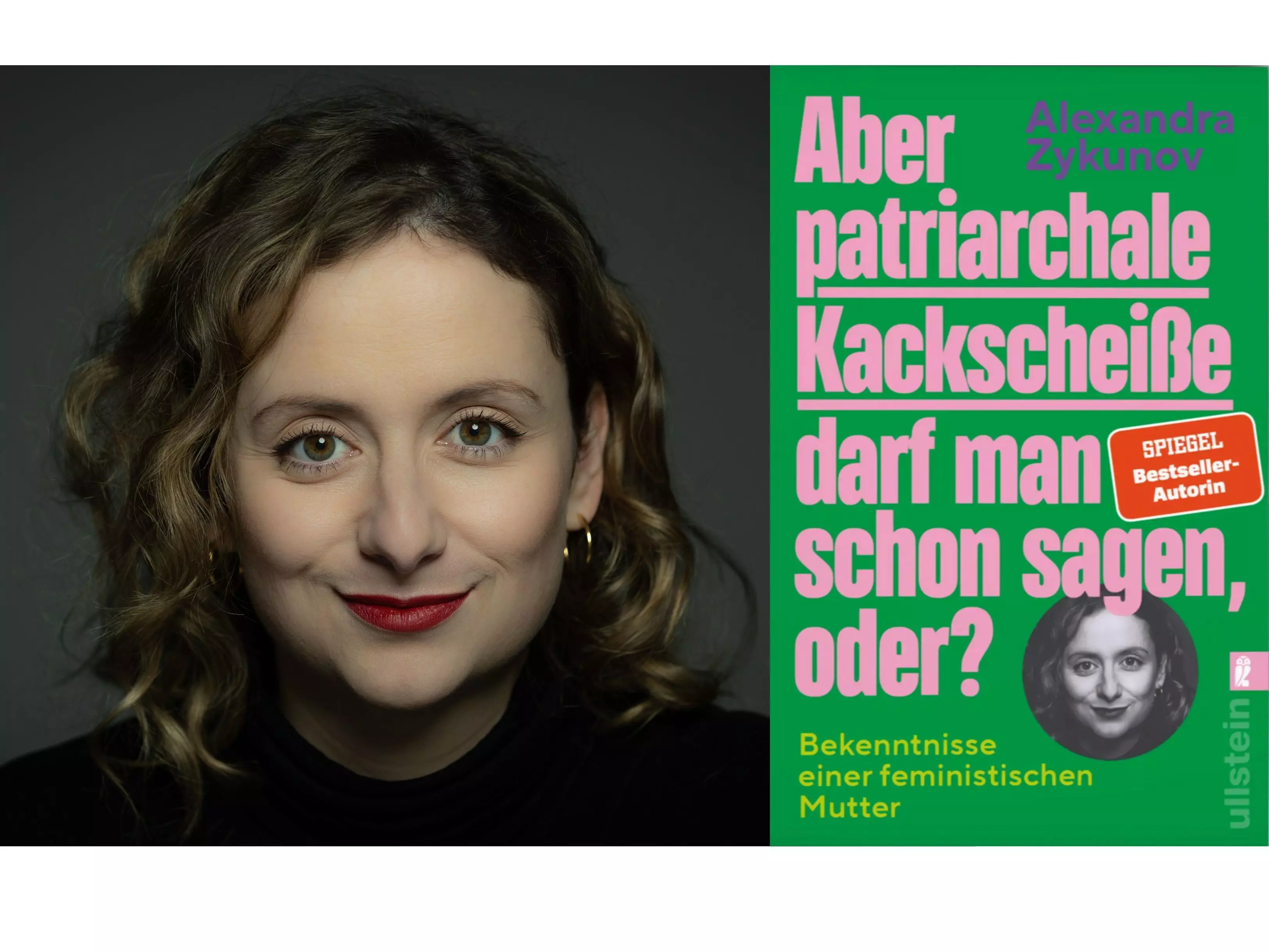 Autorin Alexandra Zykunov neben dem Cover ihres neuen Sachbuches zu feministischer Erziehung