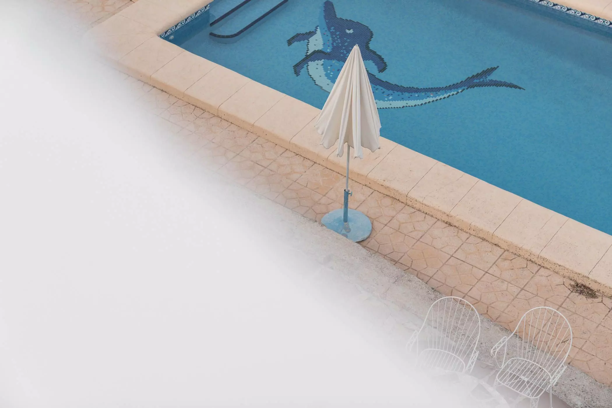 Pool mit blauen Mosaikfliesen und Delfinmosaik - femtastics