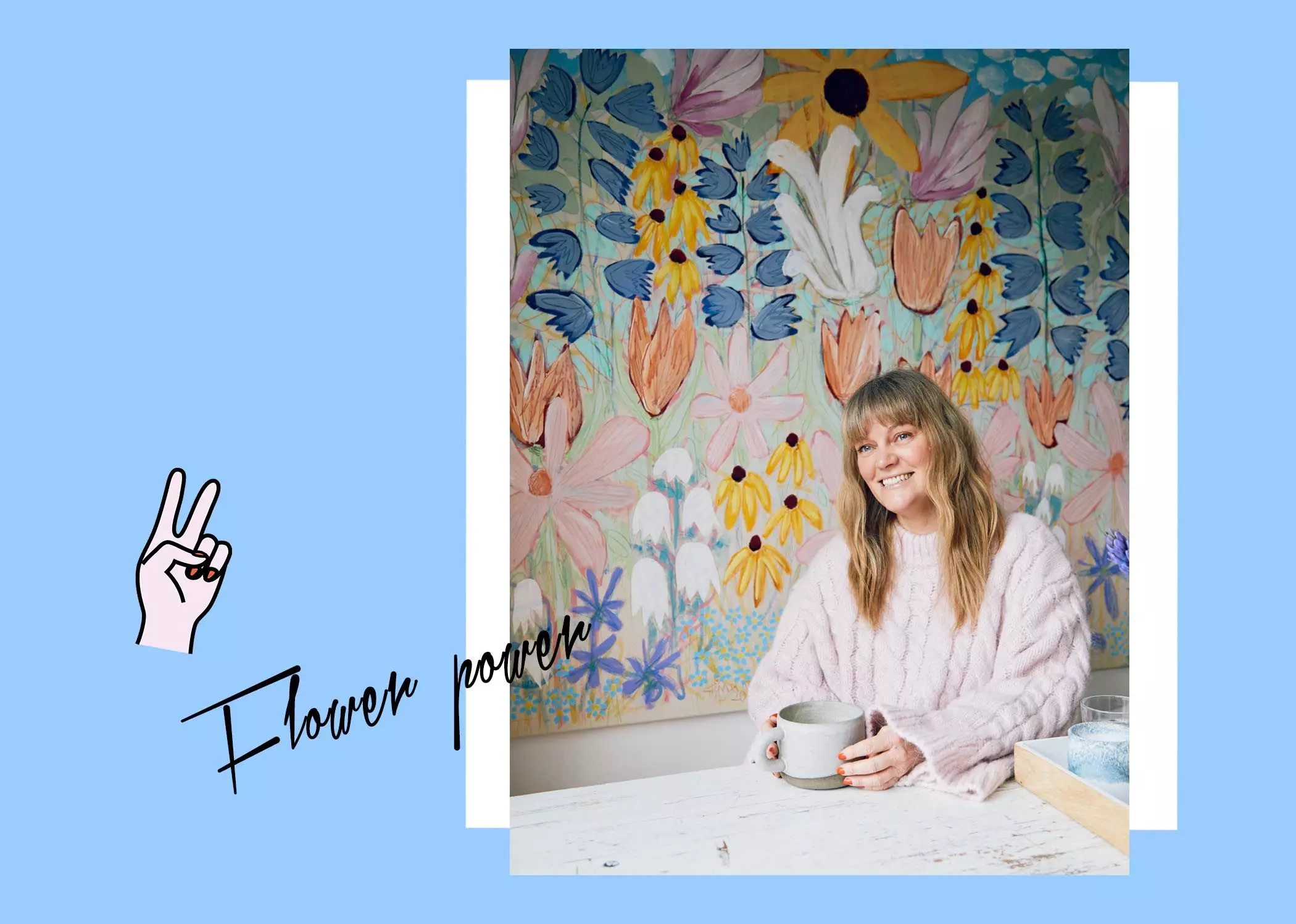 Ina Cierniak sitzt mit einer großen Tasse vor einem ihrer Werke - femtastics