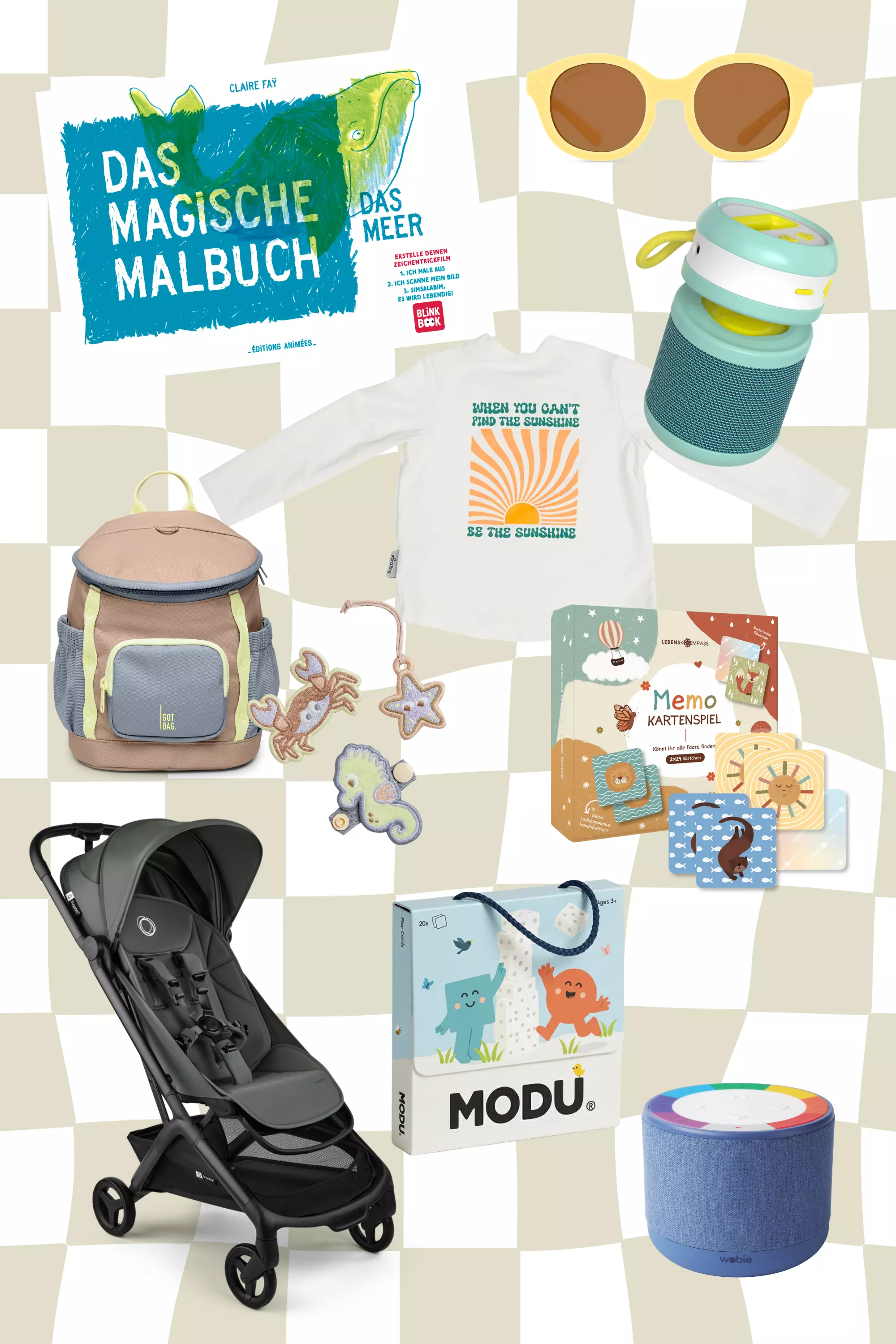 Collage Produkte fürs Reisen mit kleinen Kindern