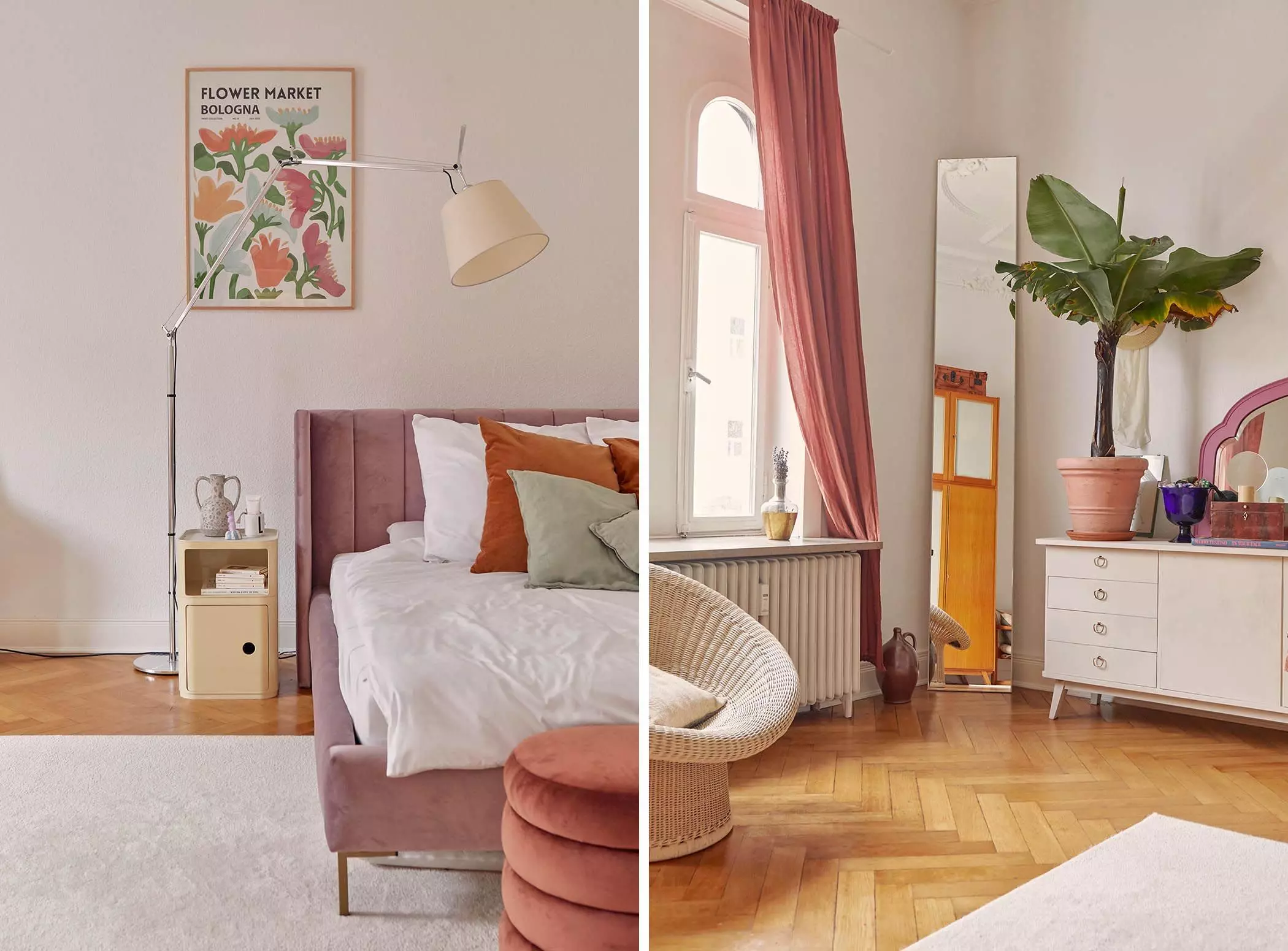 Schlafzimmer mit Polsterbett in altrosa und Parkettboden - femtastics