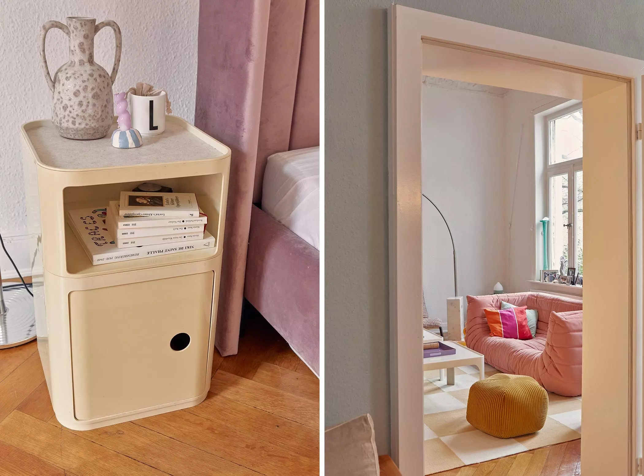 Nachttisch von Kartell und Polsterbett in altrosa - femtastics