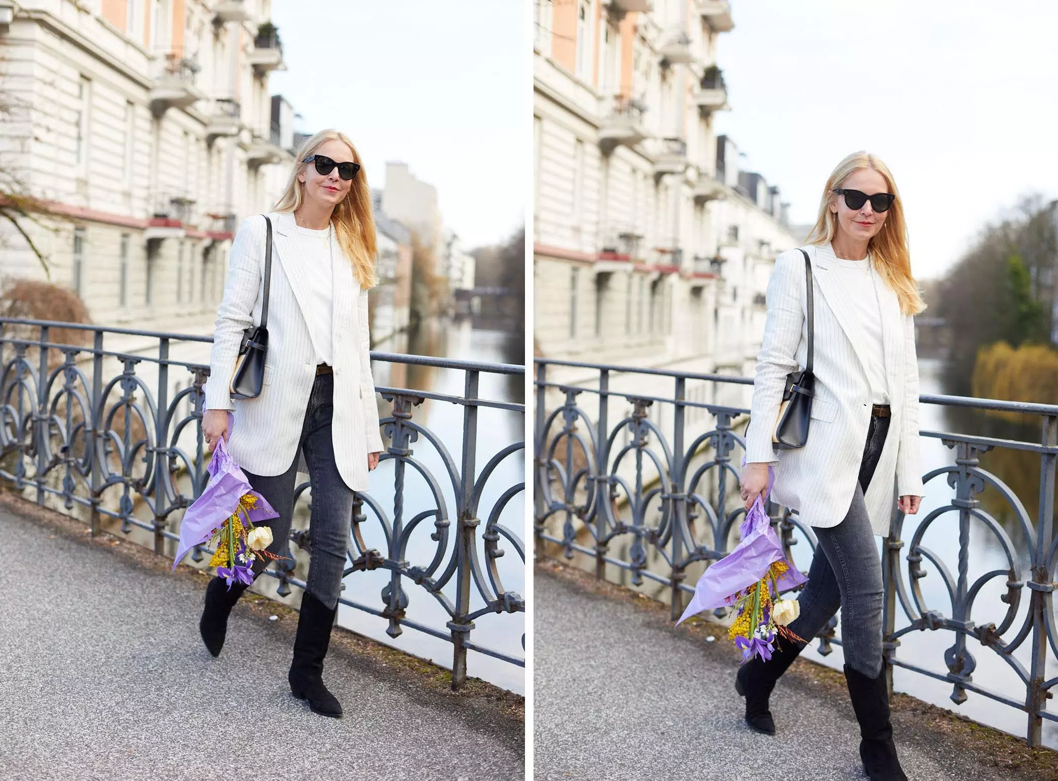 Unternehmerin Jana Krinke mit Blumenstrauß im Hamburger Frühling - femtastics