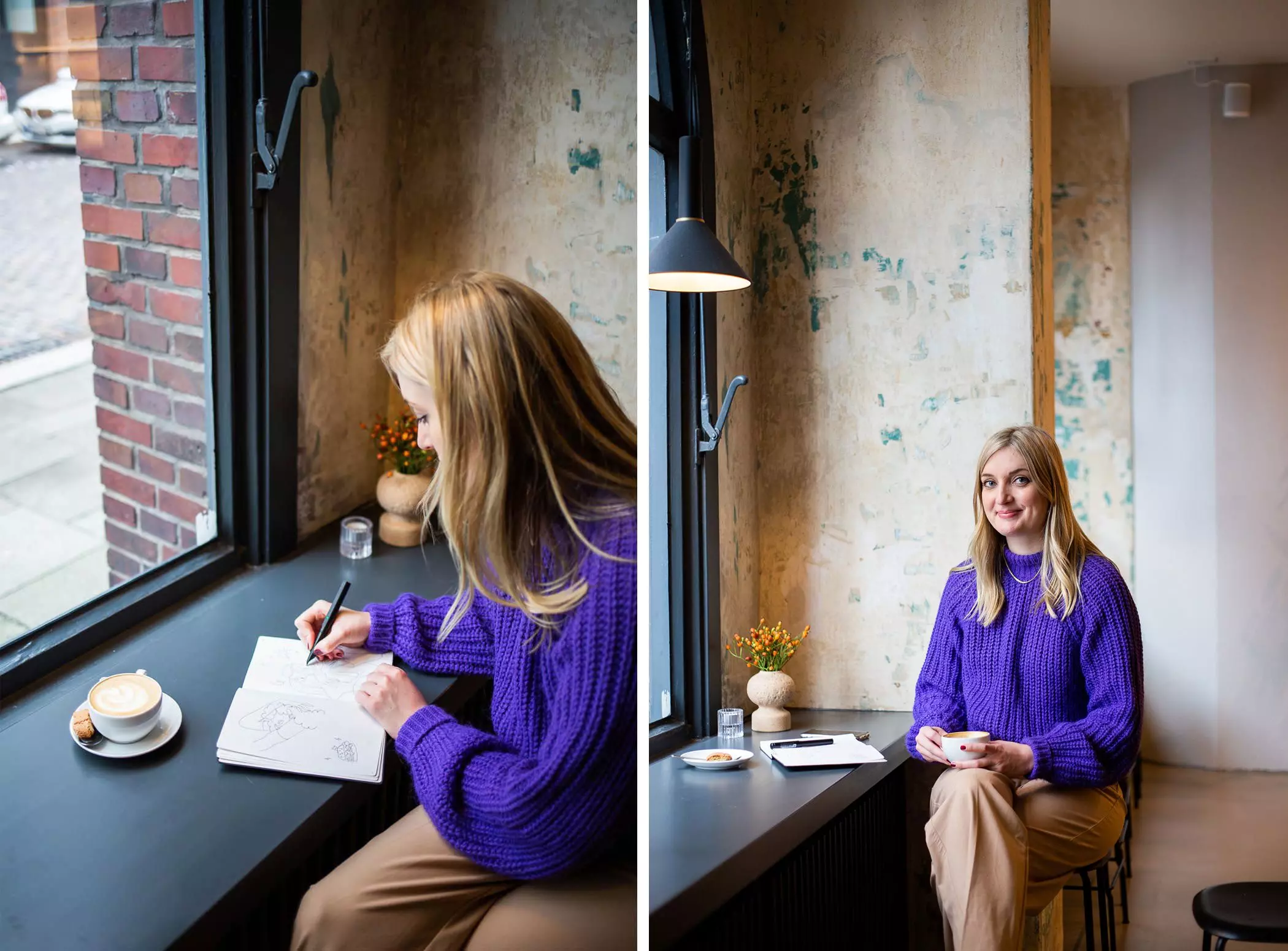 Illustratorin Lisa Tegtmeier genießt einen Kaffee in der Weinbar "Die Alte Druckerei" in Hamburg - femtastics