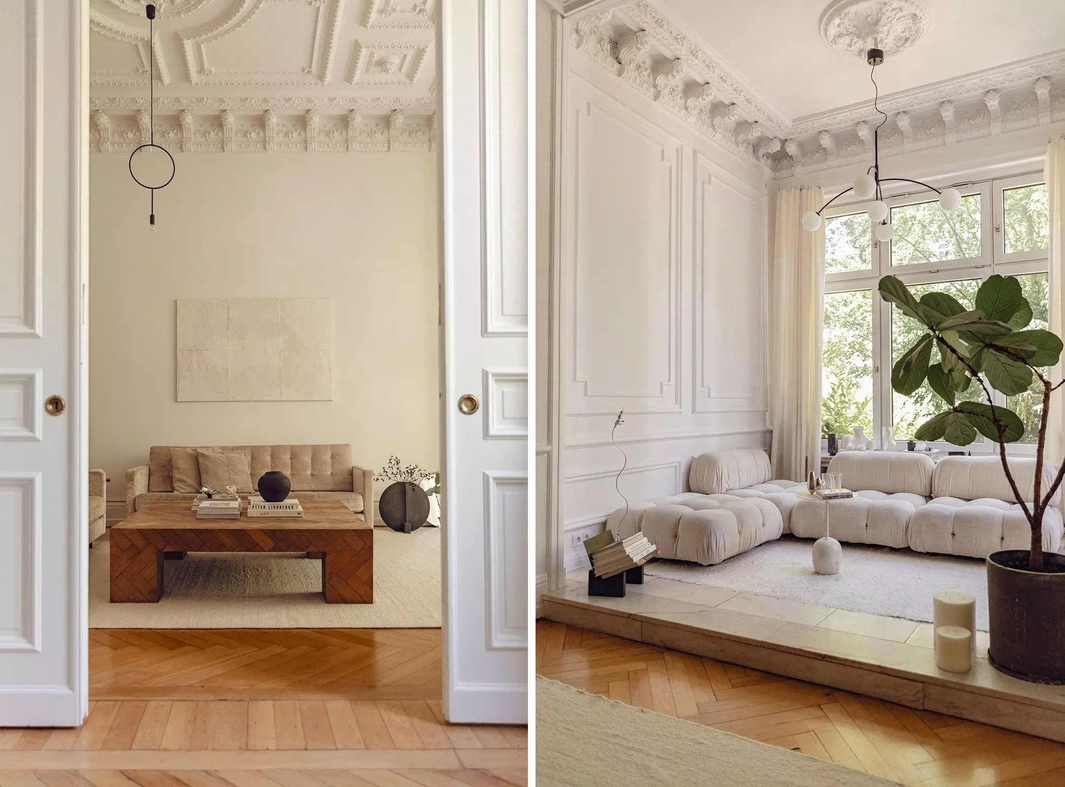 Altbau in Hamburg mit Stuck und hellen Sofas