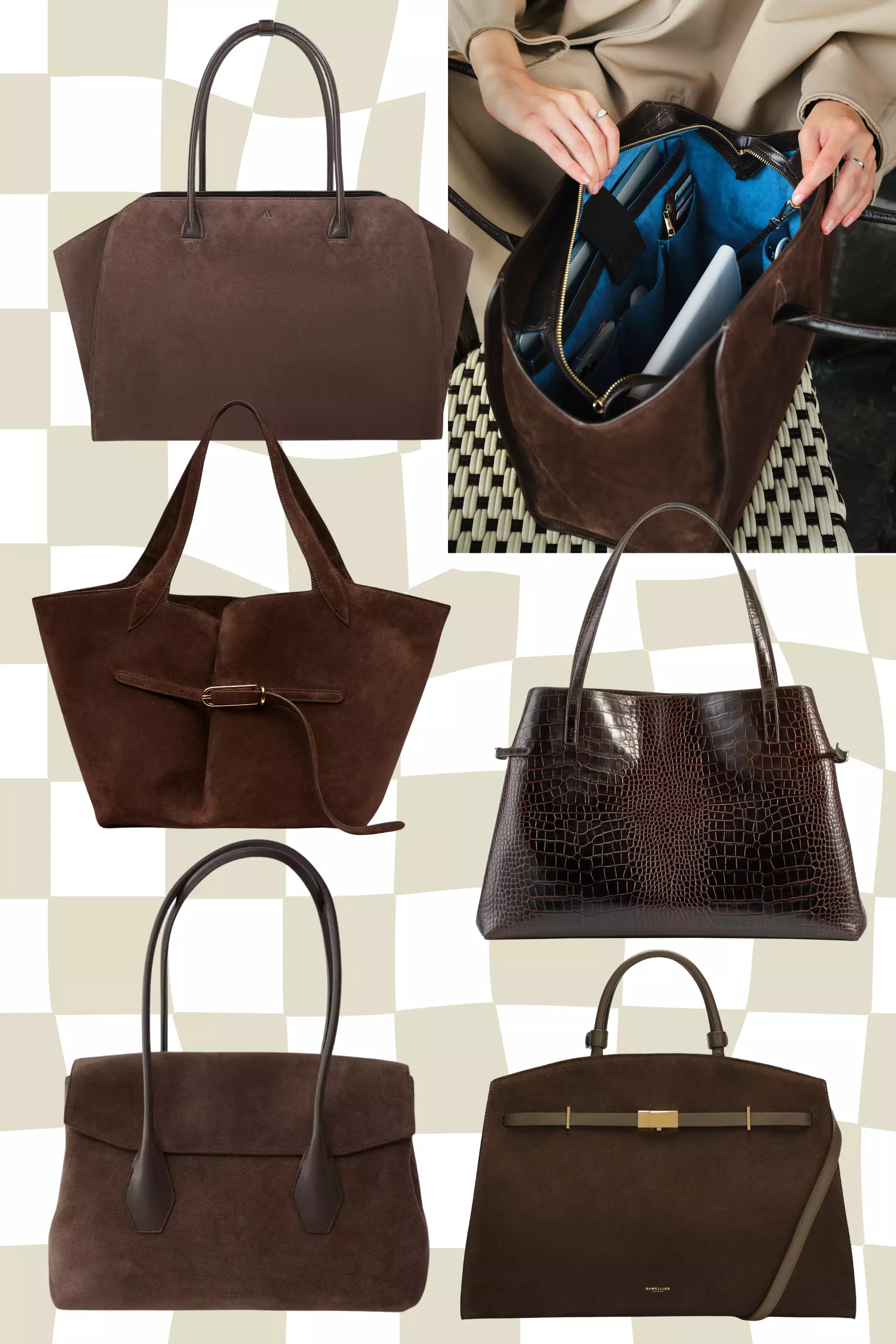 Collage mit modernen Bürotaschen aus braunem Leder