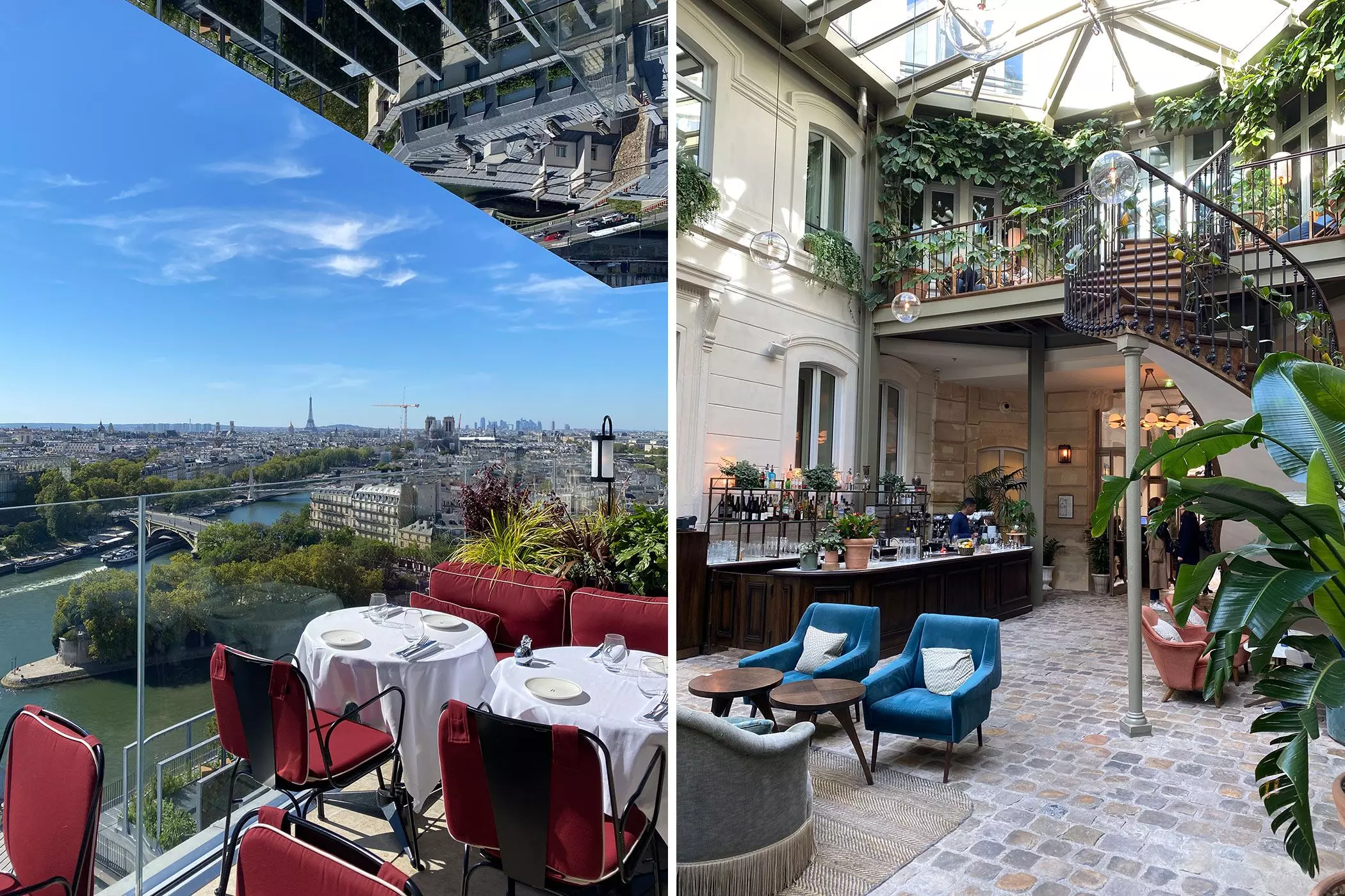 Blick über Paris aus einem Restaurant, Innenhof mit Wendeltreppe und Bar – femtastics
