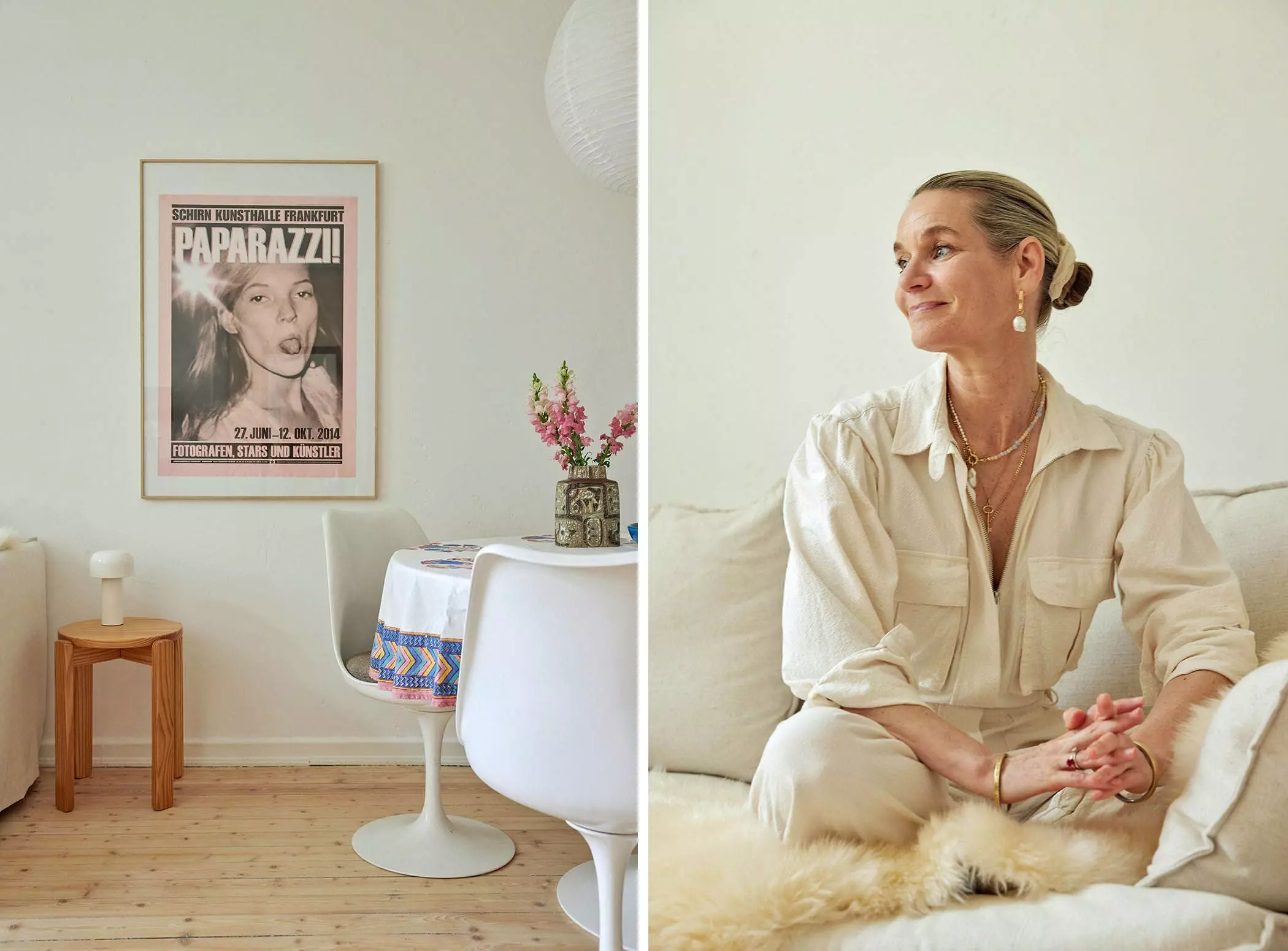 links: Foto eines Esstischs mit Plakat an der Wand, rechts: Autorin Susanne Kaloff - femtastics