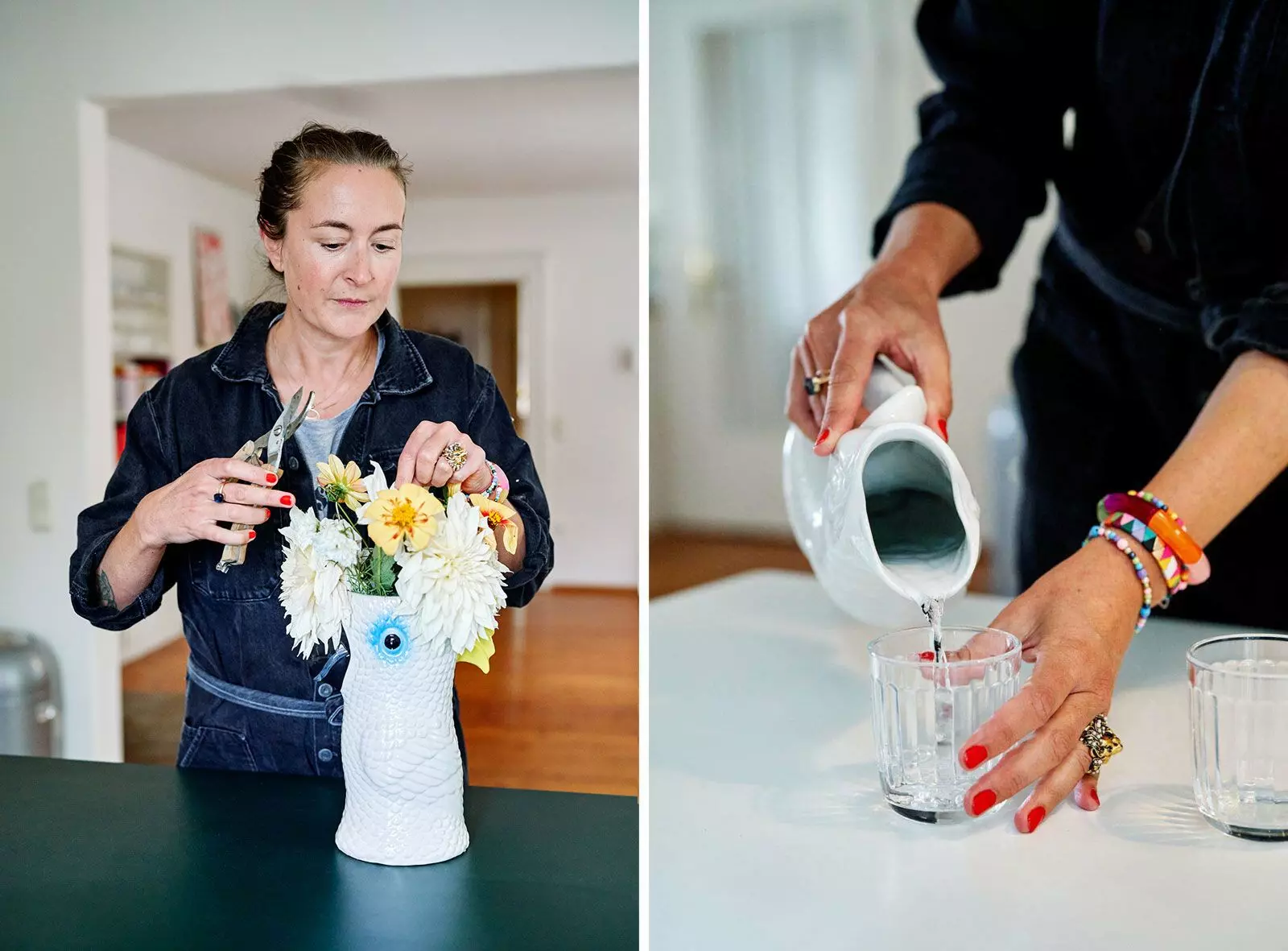 Anna Schäffel dekoriert Blumen und schenkt Wasser ein - femtastics