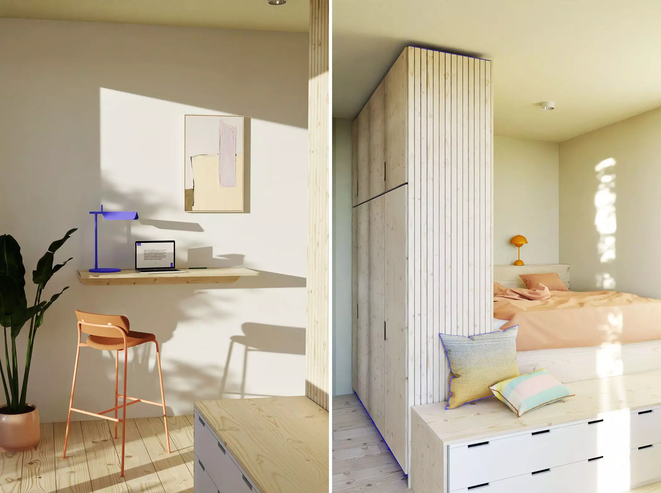 Raumumgestaltung von „Habitiny“ - Schlafzimmer-Lösung mit Arbeitsplatz | femtastics