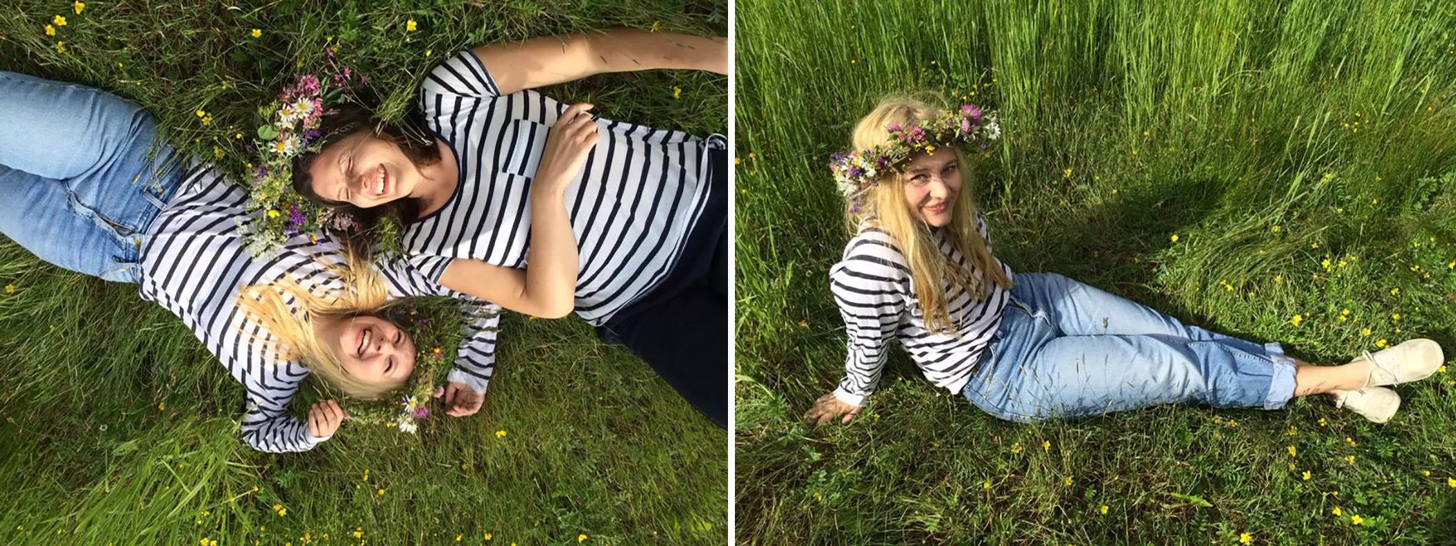 Frauen mit Blumenkranz liegen im Gras | femtastics