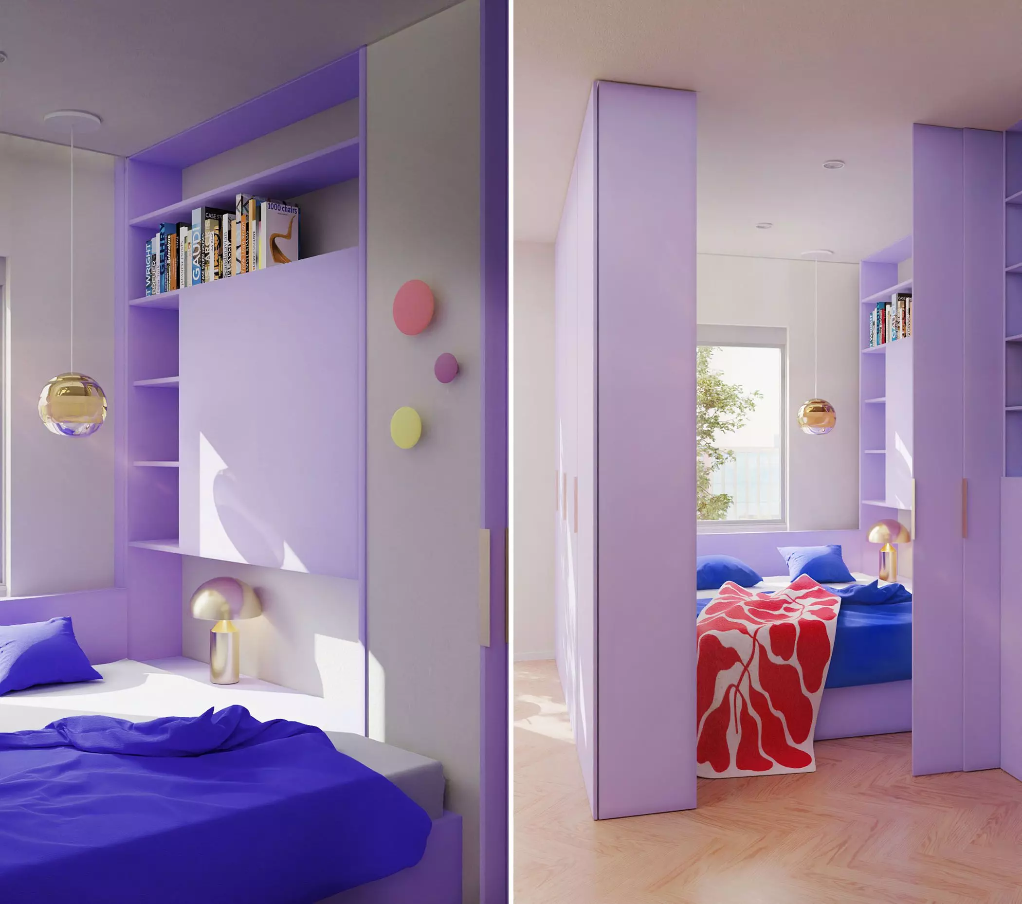 Raumumgestaltung von „Habitiny“ - Schlafzimmereinbau in Lila | femtastics