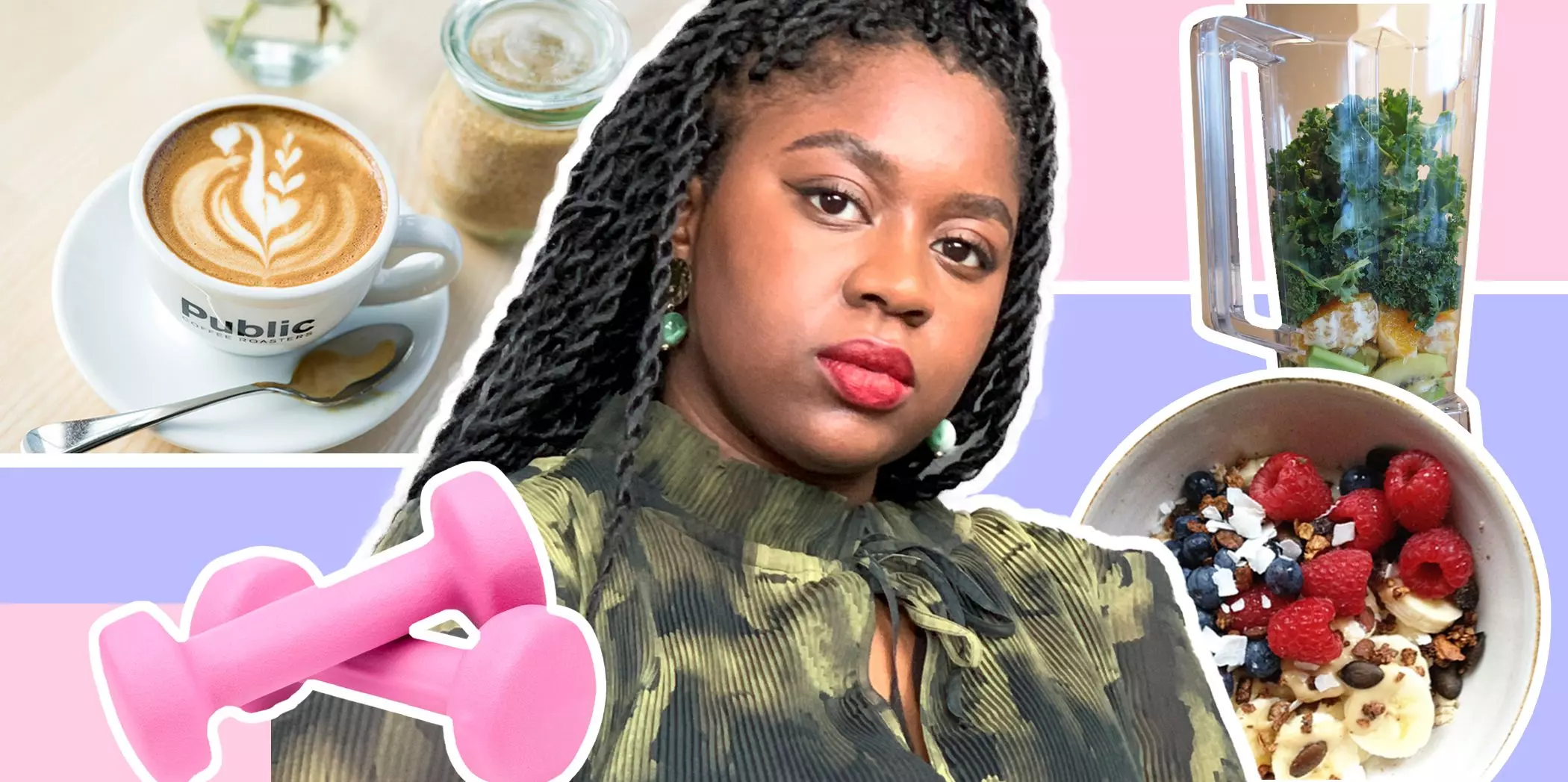 Collage mit Blessing Adejoro, Kaffee, Breakfast Bowl, Hanteln und grünem Smoothie | femtastics