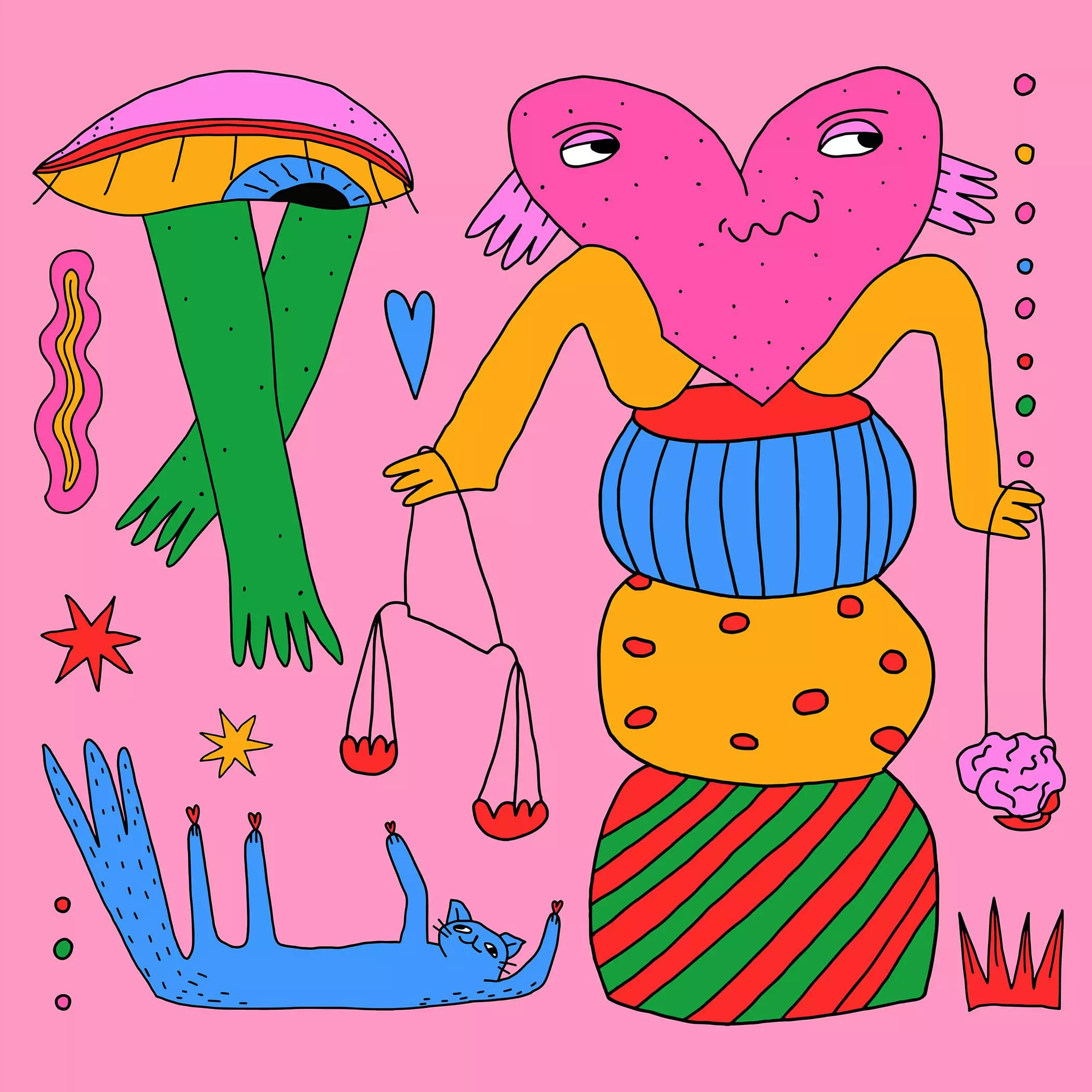 Illustration von einem Herz, Auge und einer Katze in bunten Farben - femtastics
