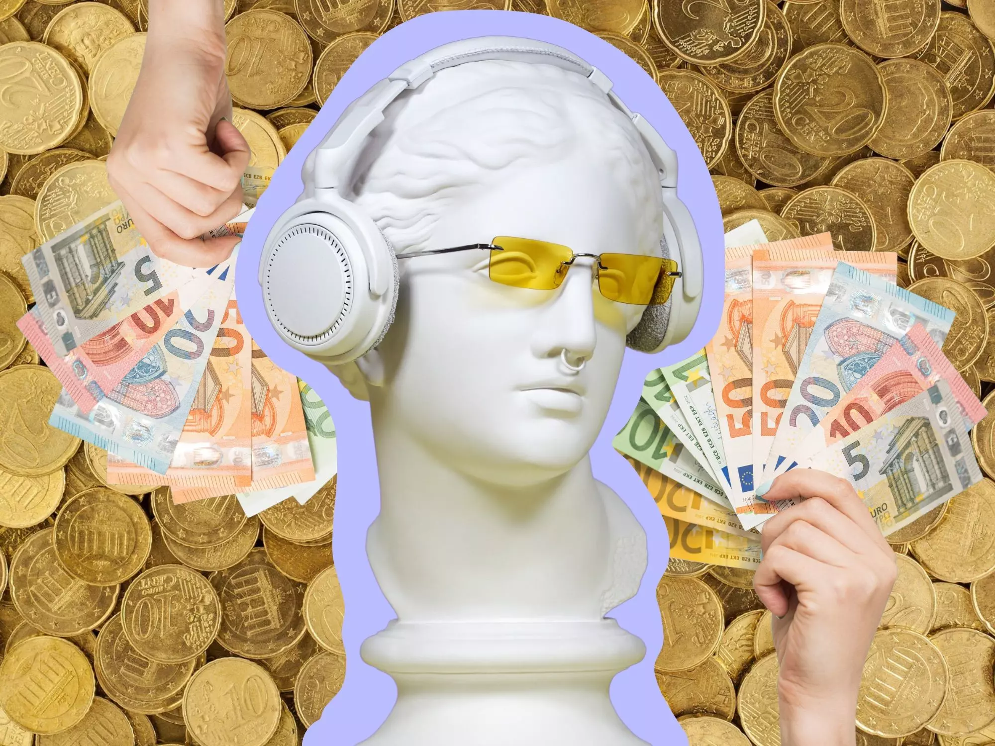 Der Kopf einer griechischen Frauenbuest mit Sonnenbrille, umgeben von Geldscheinen – Vermoegen aufbauen ohne Erbe braucht konkrete Tipps