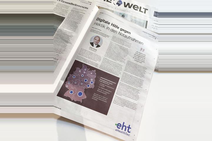 Zeitungsausschnitt der Beilage über ERPath in Notaufnahmen, WELT-Zeitung im Hintergrund